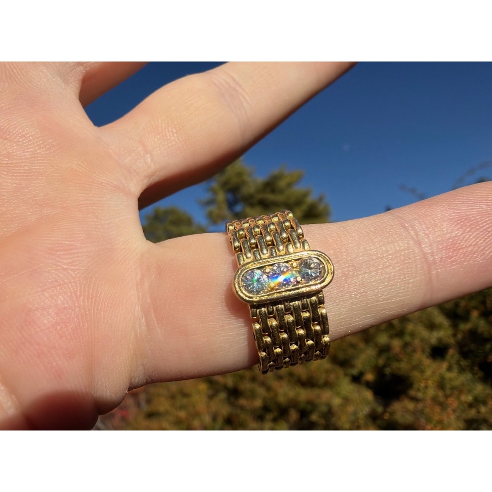 Vintage 18k Solid Gold Flexible Mesh Ring Three Diamond Bar Accent Size 7.25
